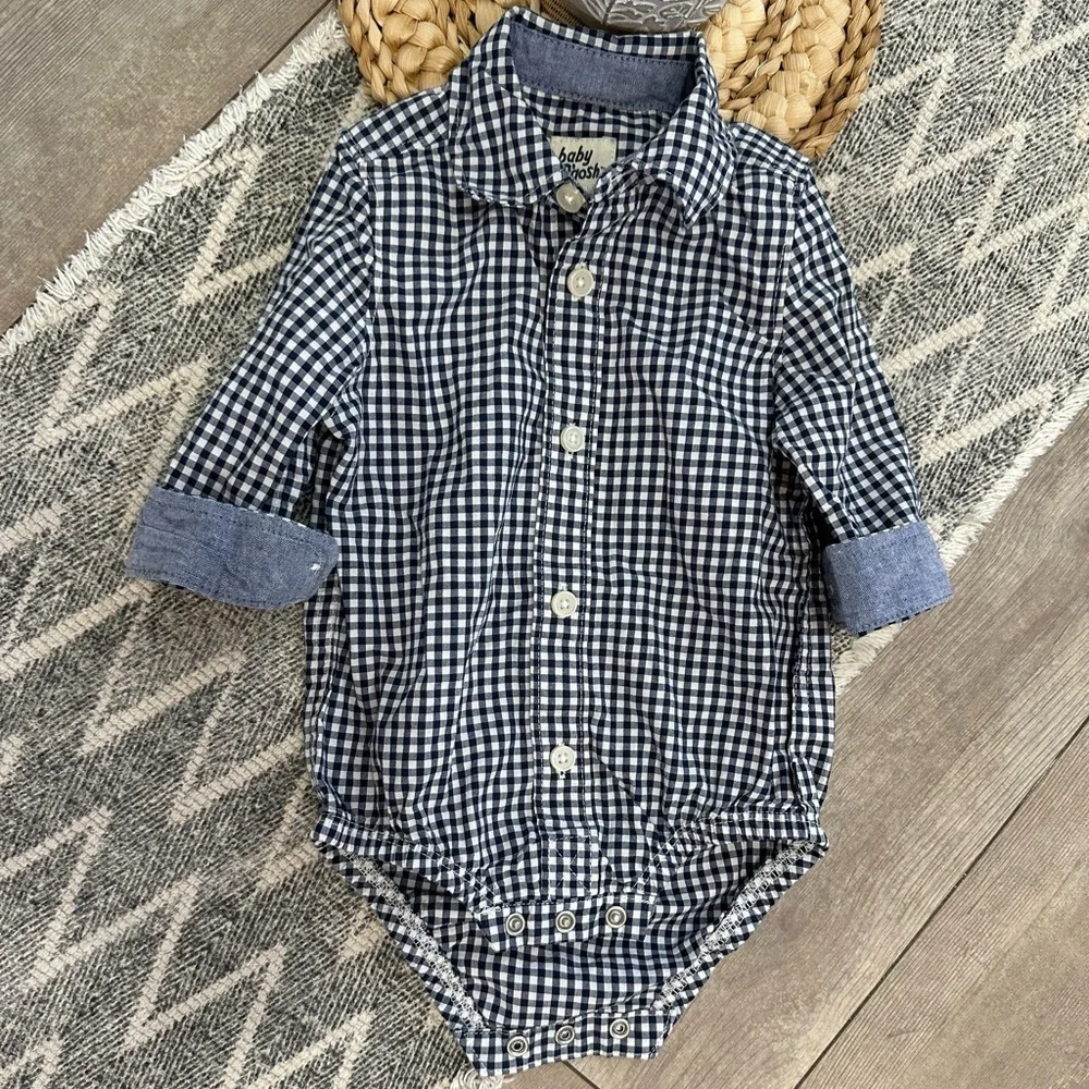 Oshkosh B’Gosh Baby Boy Navy White Gingham Checkered Button-Front Bodysuit
